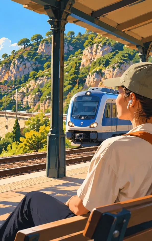 Une voyageuse sur le quai d'une petite gare