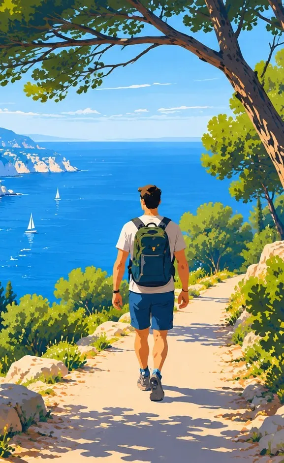 Un randonneur à une bifurcation du sentier au-dessus de la mer