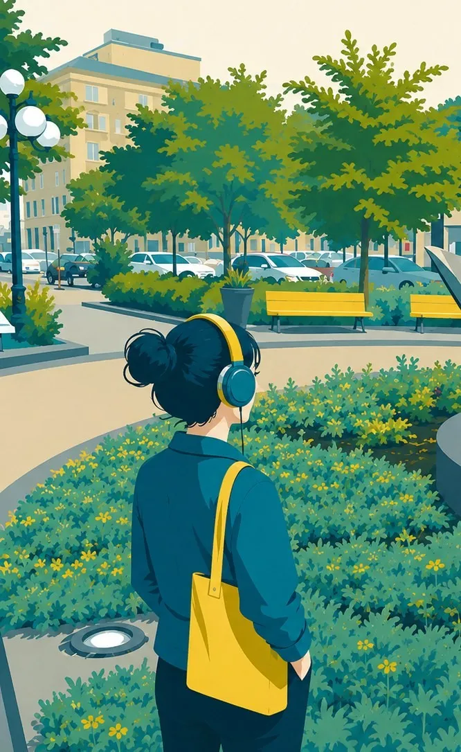 Une promeneuse au casque dans un jardin public